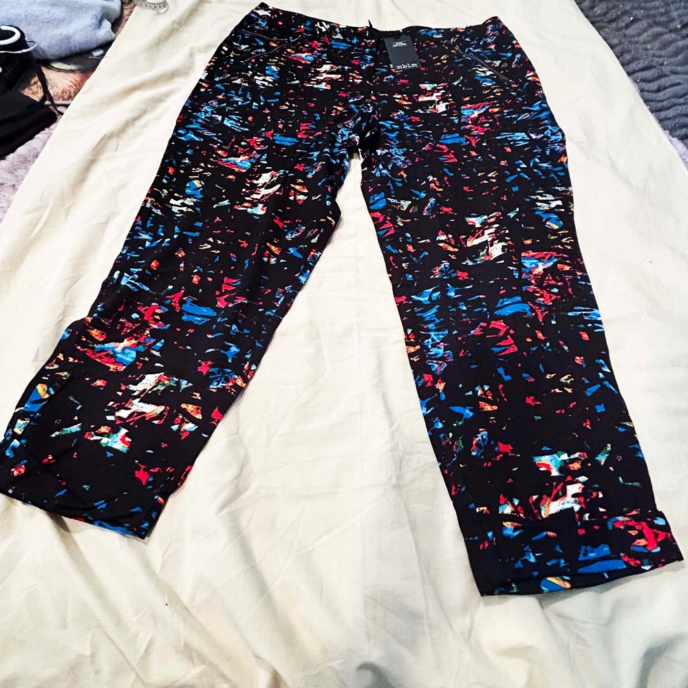 PANTS, BLACK MULTICOLOUR, SIZE 5, VISCOSE SOFT FABRIC, FRONT FLY, FAKE ZIPPERED